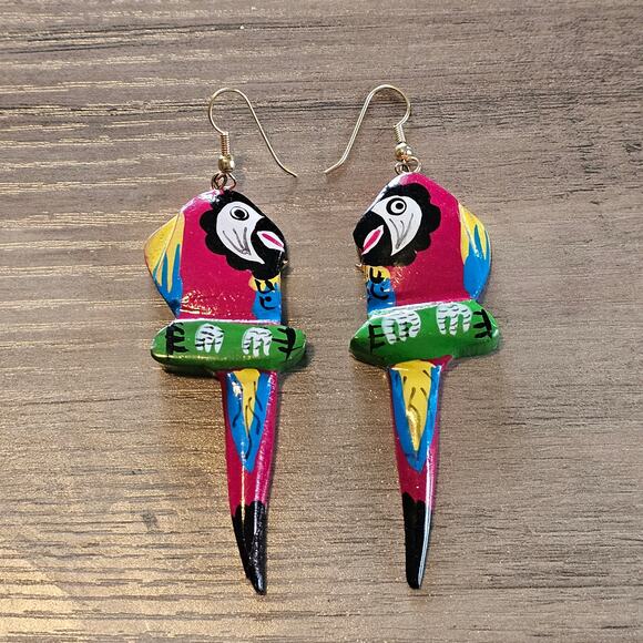 Vintage Red Wooden Tropical Parrot Dangle Earrings - Picture 5 of 5